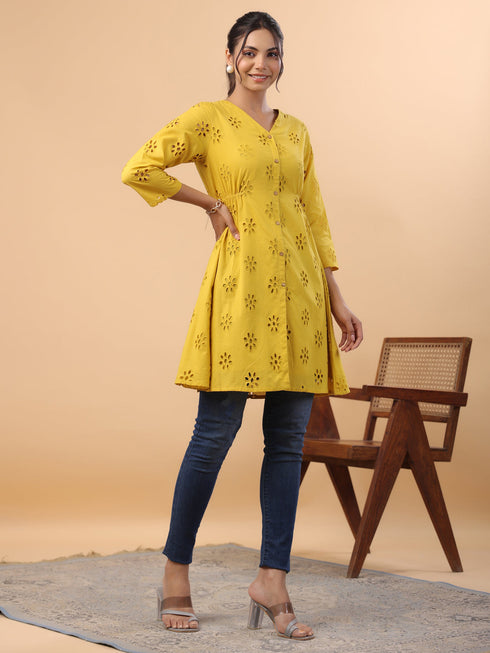 Mustard Cotton Schiffli A-Line Tunic